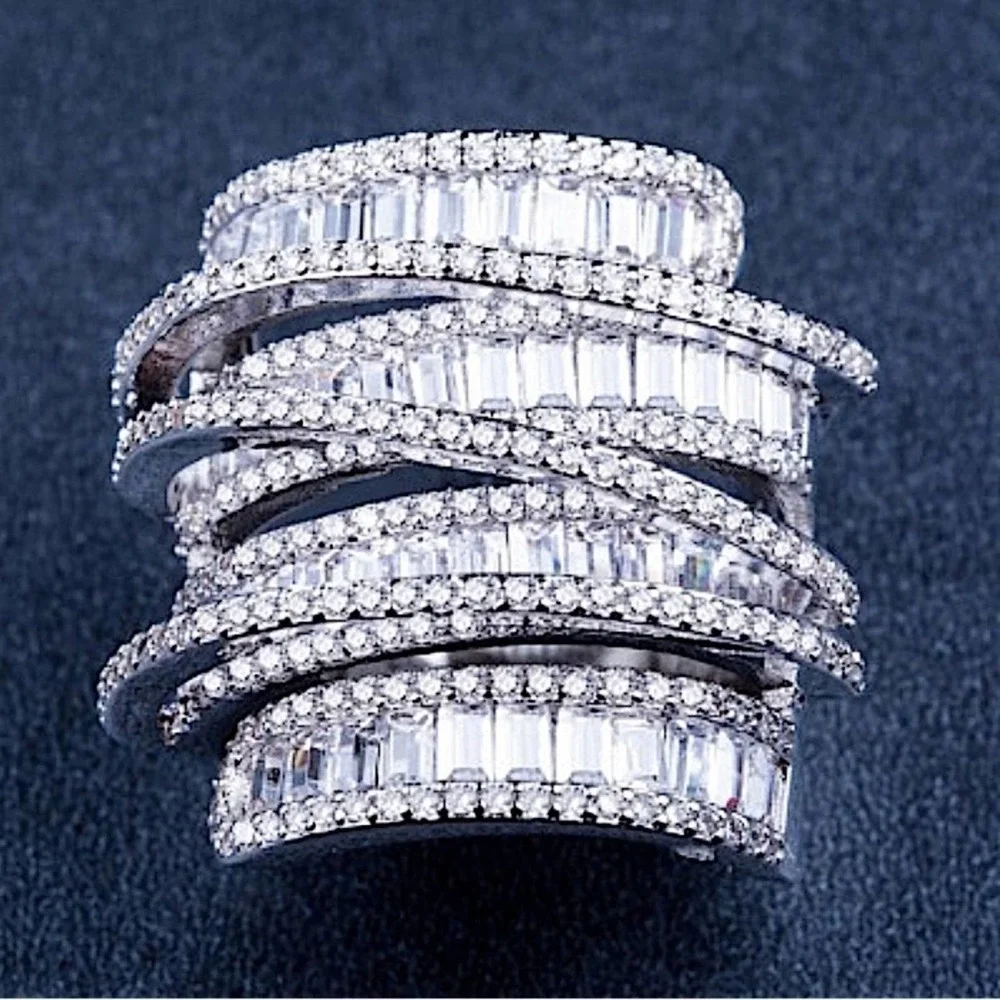 Sterling Silver Baguette Cubic Zircon Multilayer Cross Over Statement Ring